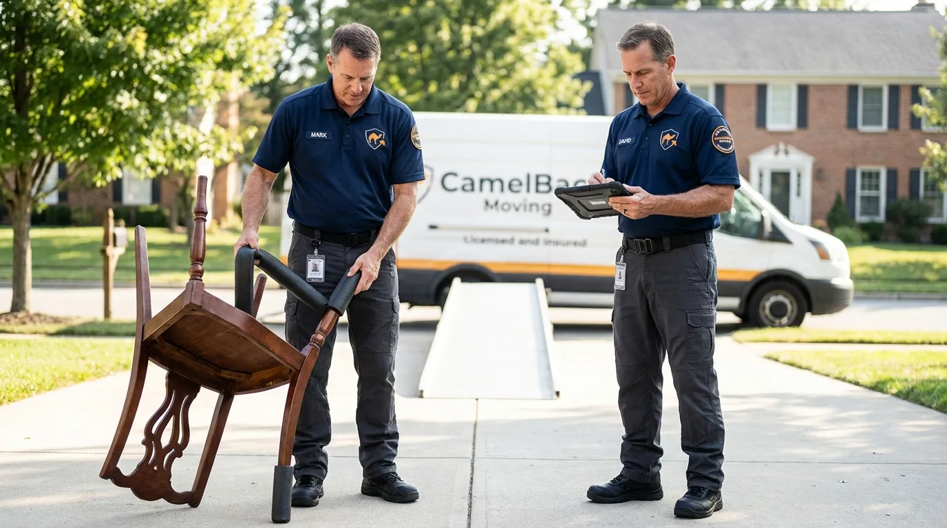 Movers inspecting furniture for damage prevention before loading in Fairplay, CO