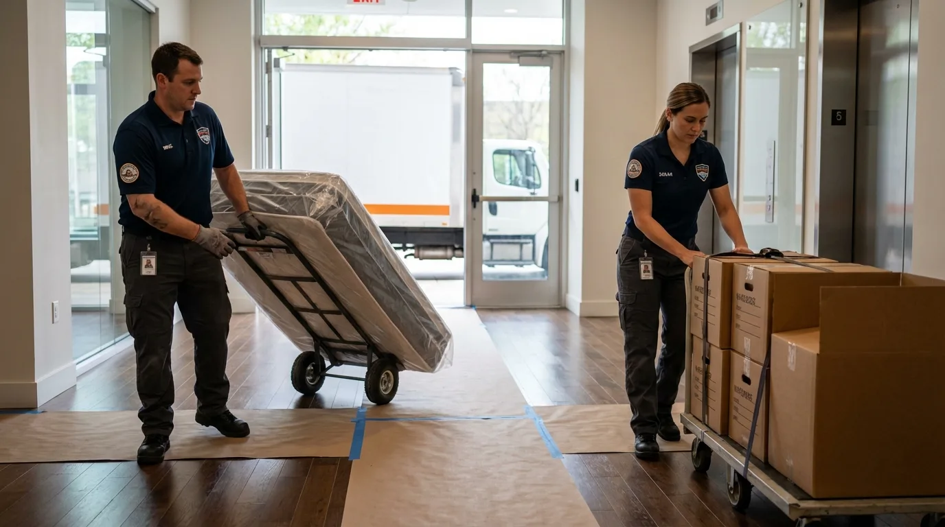 Professional apartment movers loading elevator in Fairplay, CO